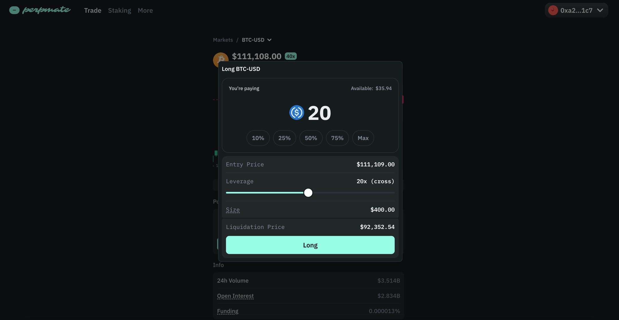 amount to long for btc perp