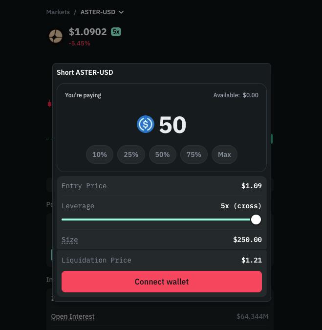 Opening a short ASTER position with leverage selection and order confirmation