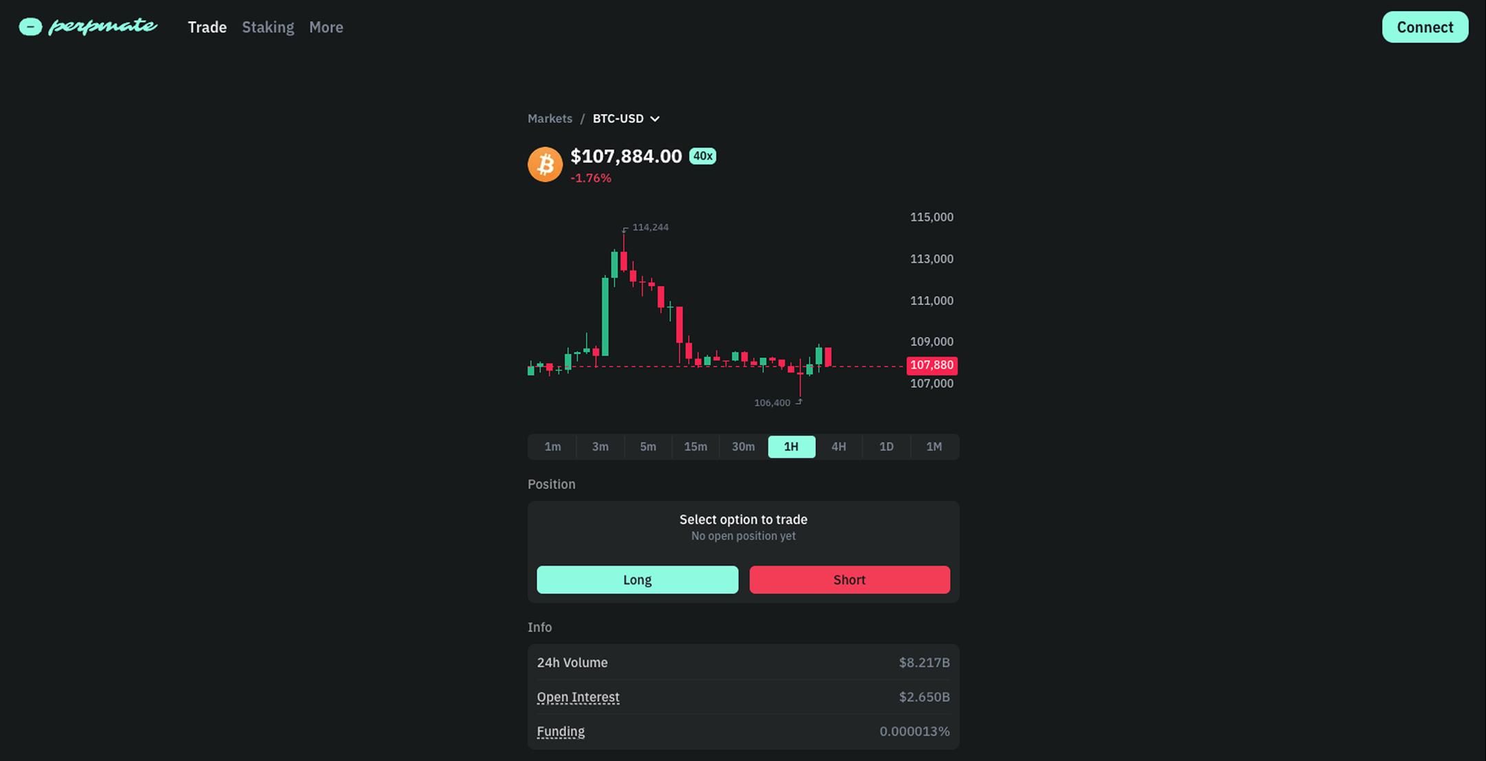Perpmate mobile trading interface showing USDC collateral and perp market list