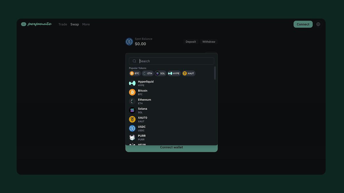 All supported tokens available to swap on Perpmate including BTC ETH SOL USDC HYPE