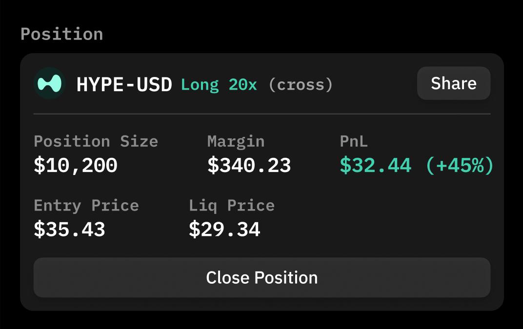 Active perp position panel displaying unrealized PnL, margin, and liquidation price