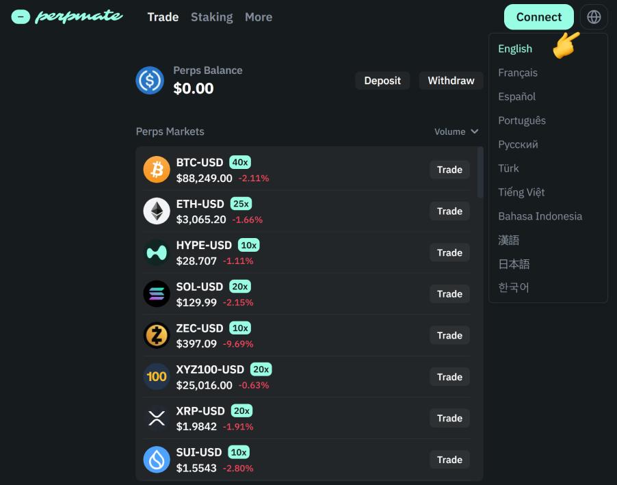 Language selector dropdown on Perpmate displaying 13 supported trading languages