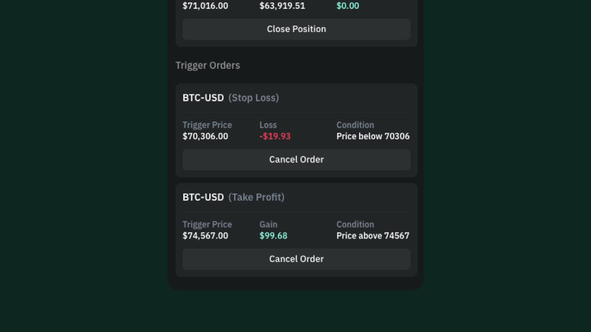 Stop loss and take profit trigger orders on a BTC perpetual position