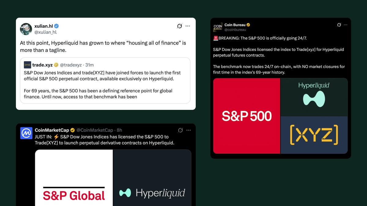 S&amp;P 500 on-chain announcement on X - crypto community reacts to SP500 perpetuals launch on Hyperliquid