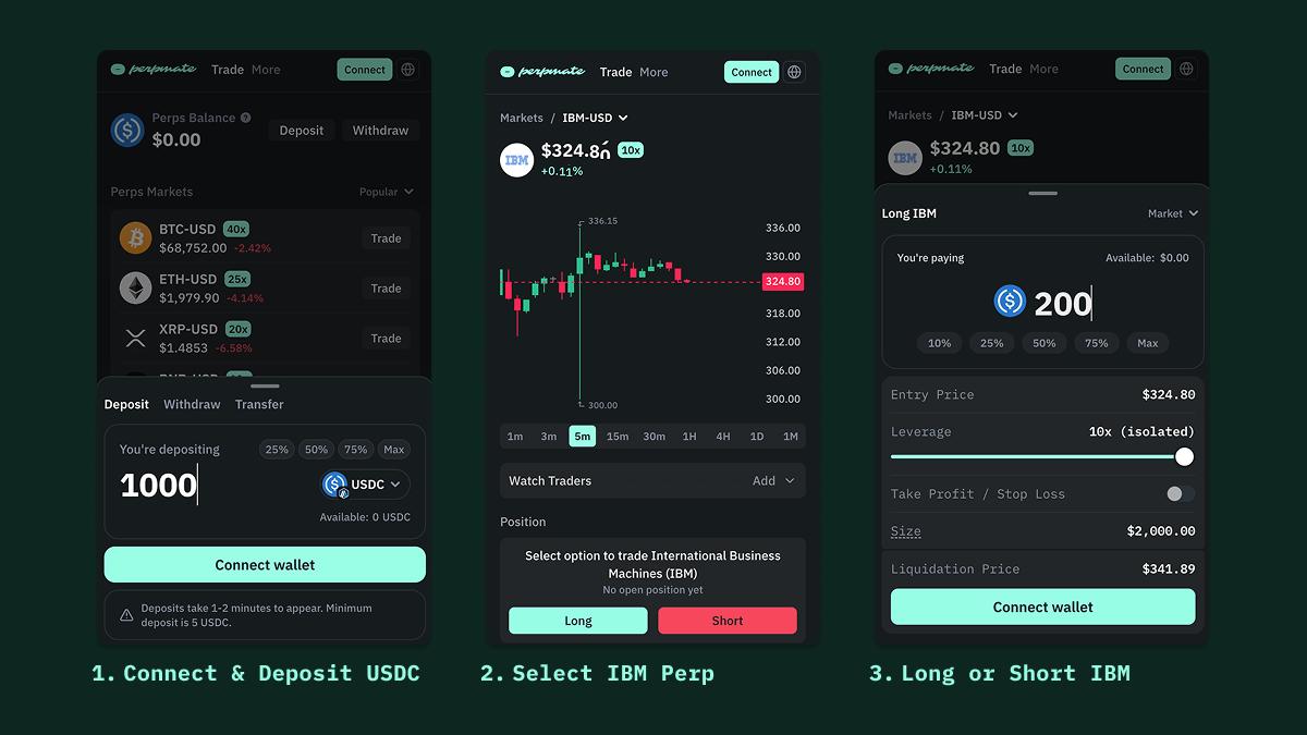 How to trade IBM perpetuals in 3 steps: deposit USDC, select IBM, go long or short