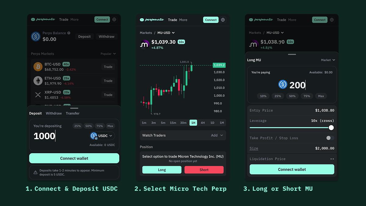 How to trade Micron MU perpetuals in 3 steps: deposit USDC, select MU, go long or short
