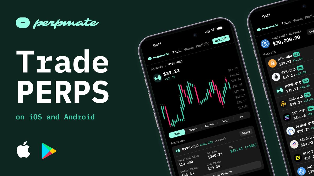 Mobile perpetual trading interface on iPhone and Android showing position management